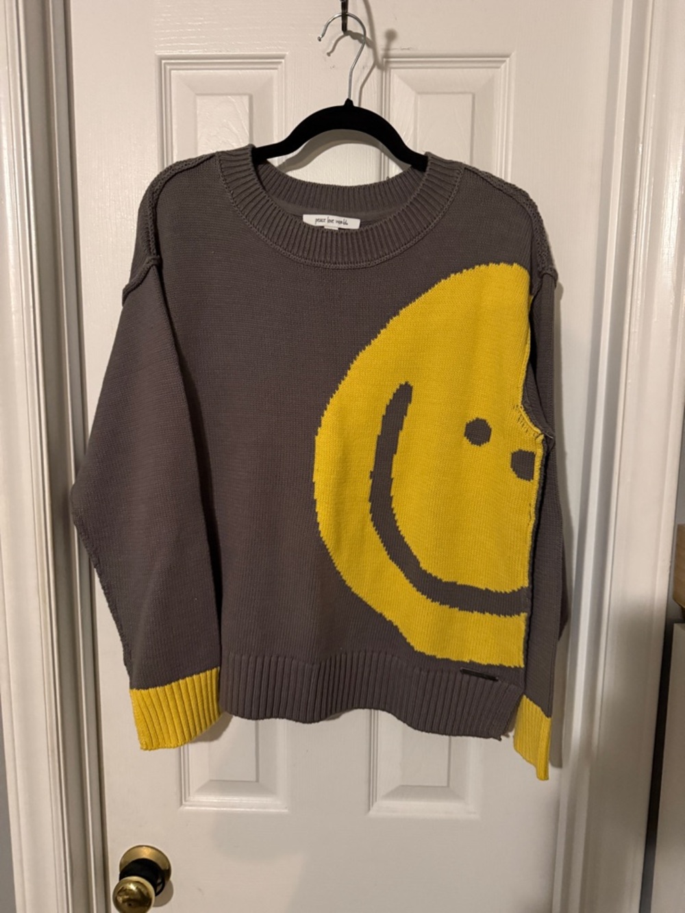 Peace Love World Gray Ribbed Knit Sweater with yellow smiley face